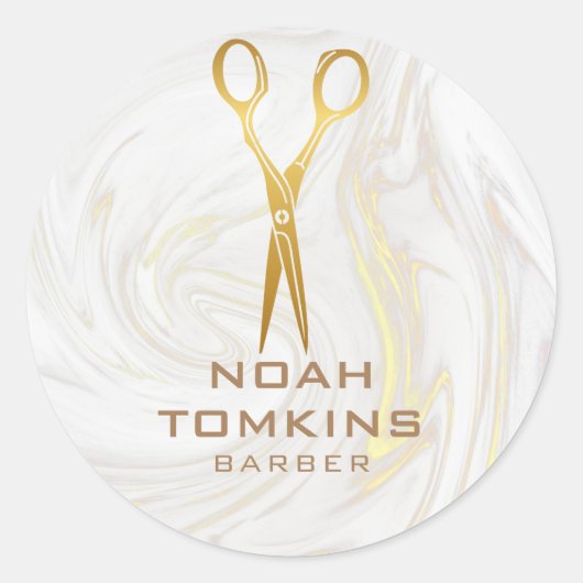 Sticker Rond Ciseaux d'or Barber Marbre Tourbillons (Devant)