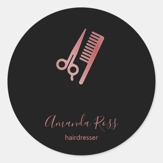 Sticker Rond Ciseaux en or rose et peigne noir (Devant)