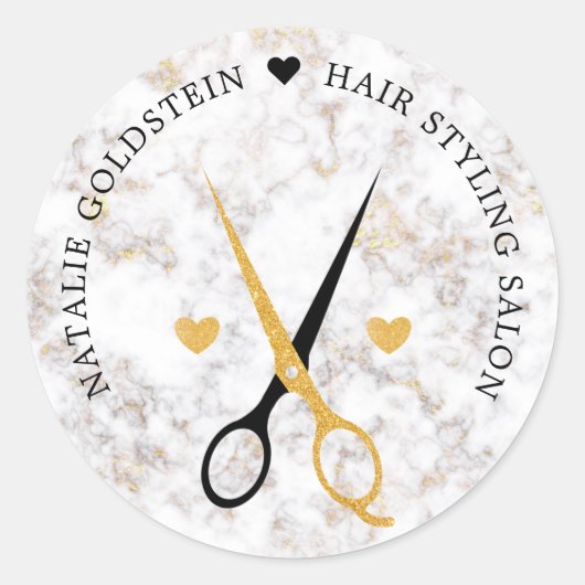 Sticker Rond Ciseaux Noir et Or Marbre Coiffeur (Devant)