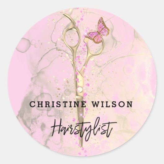 Sticker Rond ciseaux papillon rose éclats (Devant)