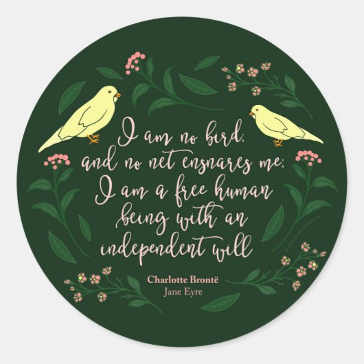Sticker Rond Citation d'Oiseau Floral Vert Charlotte Bronte Jan (Devant)