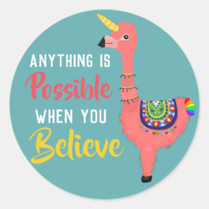 Sticker Rond Citation Inspirational Unicorn Flamant rose Llama