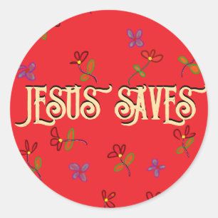 Sticker Rond Citation « Jésus Sauve » avec des fleurs rouges