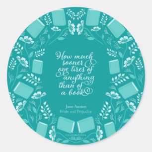 Sticker Rond Citation livresque florale turquoise de Jane