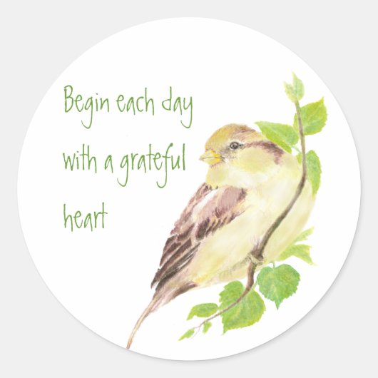 Sticker Rond Citation Motivationnelle Gaie Oiseau Grateful Hear (Devant)