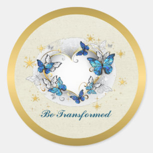 Sticker Rond Citation Transformée Cœur et Papillons Bleus