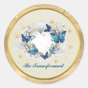 Sticker Rond Citation Transformée Cœur et Papillons Bleus