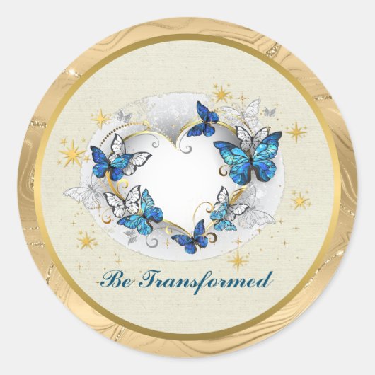 Sticker Rond Citation Transformée Cœur et Papillons Bleus (Devant)