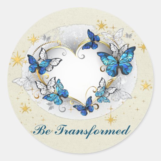 Sticker Rond Citation Transformée Cœur et Papillons Bleus (Devant)