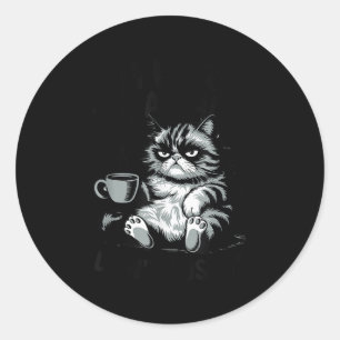 Sticker Rond Citez un chat drôle ici éveillé ne poussez pas l'a