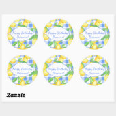Sticker Rond Citron Bleu Blanc Gingham Personnalisé (Feuille)