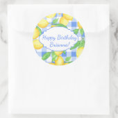 Sticker Rond Citron Bleu Blanc Gingham Personnalisé (Sac)