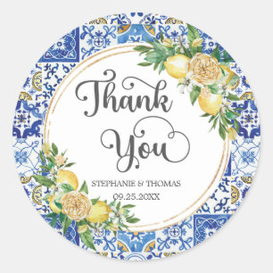 Sticker Rond Citron Floral Méditerranéen Mosaïque Carreaux Mari