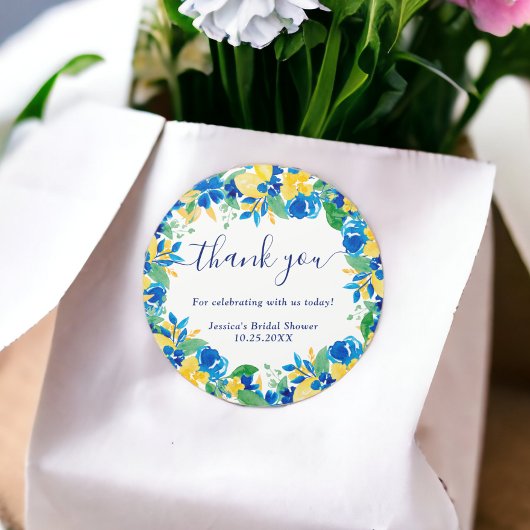 Sticker Rond Citron jaune bleu floral aquarelle douche de marié