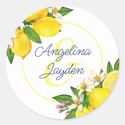 Sticker Rond Citron Jaune Élégant Mariage Script (Devant)