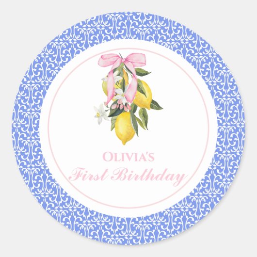 Sticker Rond Citron Pink Bow preppy 1er anniversaire (Devant)
