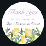 Sticker Rond Citrons Aquarelle Avec Wedding shower Lavande<br><div class="desc">Des citrons d'aquarelle et des feuilles verts brillants se combinent pour ces nouveaux cadeaux de mariage grâce à des autocollants.</div>