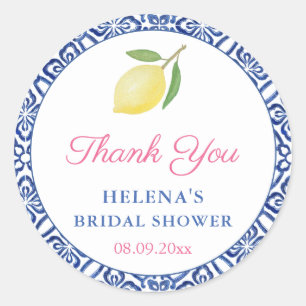 Sticker Rond Citrons chic Carrelage bleu italien Fête des marié