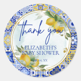 Sticker Rond Citrons Citrus Carreaux Bleus Italien Merci Script