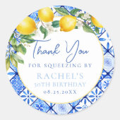 Sticker Rond Citrons italien Carreaux bleu Merci d'anniversaire (Devant)