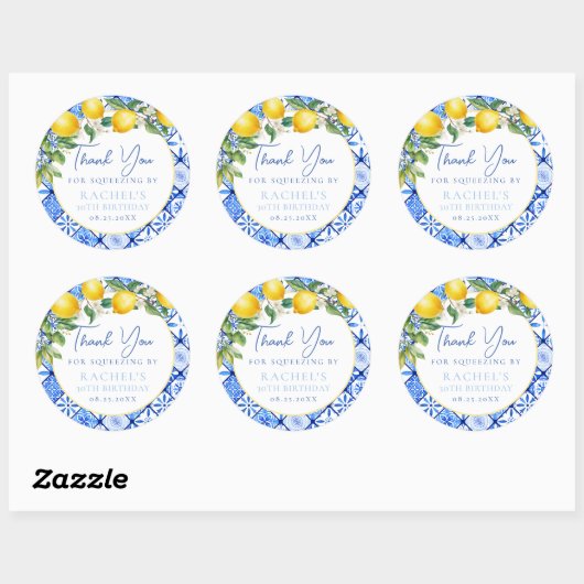 Sticker Rond Citrons italien Carreaux bleu Merci d'anniversaire (Feuille)