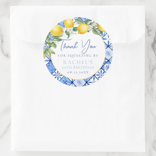 Sticker Rond Citrons italien Carreaux bleu Merci d'anniversaire (Sac)