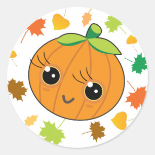 Sticker Rond 🎃 citrouille adorable avec feuilles dans un arriè