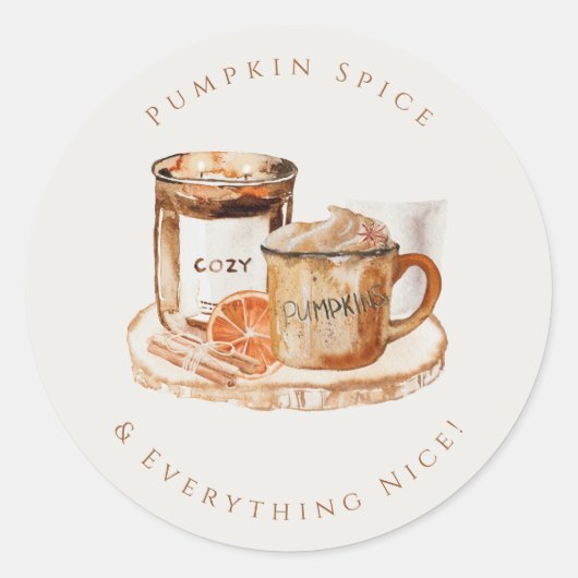 Sticker Rond Citrouille aquarelle Latte et bougie Thanksgiving (Devant)