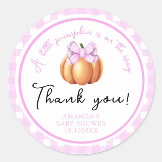 Sticker Rond Citrouille avec arc rose merci baby shower (Devant)