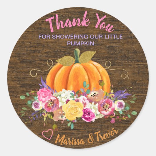 Sticker Rond Citrouille, Baby shower, balise de préférence, pet (Devant)