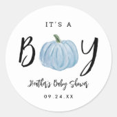 Sticker Rond Citrouille Bleu Automne C'est un Baby shower garço (Devant)