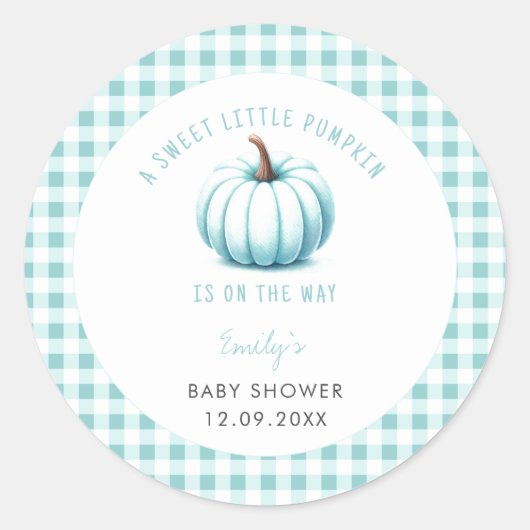 Sticker Rond Citrouille Bleu En vichy Plaid  garçon Baby shower (Devant)