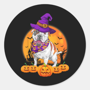 Sticker Rond Citrouille Casquette de sorcière américain Bulldog