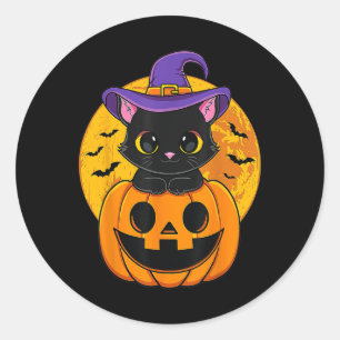Sticker Rond Citrouille Casquette Halloween Chat Noir Chat