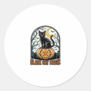 Sticker Rond Citrouille Chat Noir Gravure Halloween Vintage_1
