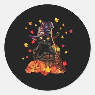 Sticker Rond Citrouille Chat Sorcière Chat Automne Amusant Chat