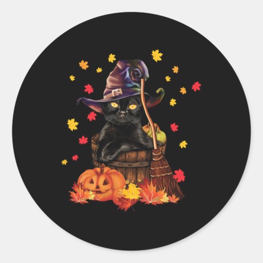 Sticker Rond Citrouille Chat Sorcière Chat Automne Amusant Chat (Devant)