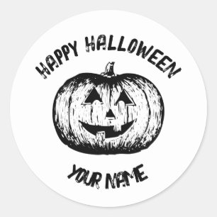 Sticker Rond Citrouille classique noir blanc souriant Jack-o-la