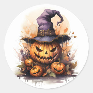 Sticker Rond Citrouille Creepy Jack-O-Lantern avec Chapeau de S