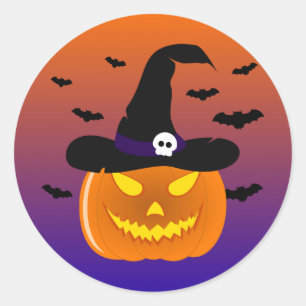 Sticker Rond Citrouille d’Halloween Jack o’ Casquette de sorciè