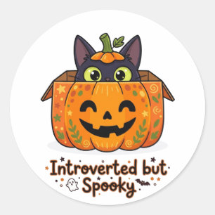 Sticker Rond Citrouille de chat noir drôle introverti mais effr