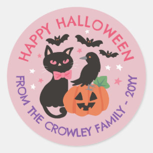 Sticker Rond Citrouille de chat rose Corbeau Halloween heureux