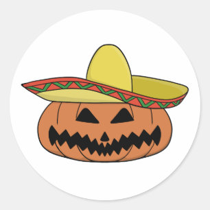 Sticker Rond Citrouille d'Halloween avec Sombrero