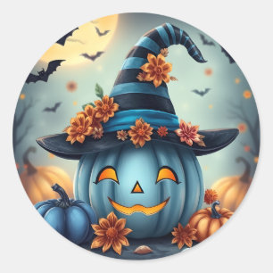 Sticker Rond Citrouille d'Halloween bleue Jack-o-lanterne
