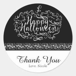 Sticker Rond Citrouille d'Halloween Élégant Noir Blanc Faveur d