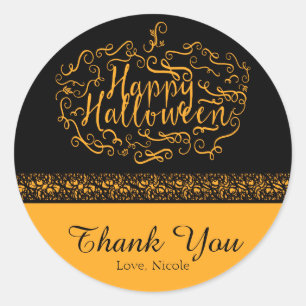 Sticker Rond Citrouille d'Halloween Élégant Noir Orange Faveur