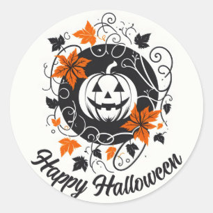 Sticker Rond Citrouille d'Halloween Orange noir blanc