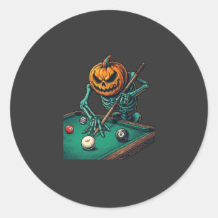Sticker Rond Citrouille d'Halloween squelette jouant au billard
