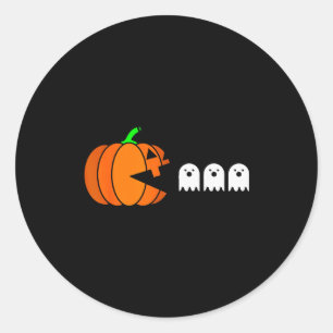 Sticker Rond Citrouille drôle d'Halloween mangeant un fantôme,