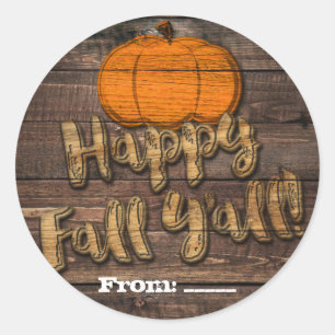 Sticker Rond Citrouille en bois rustique Happy Fall Y'all Faveu